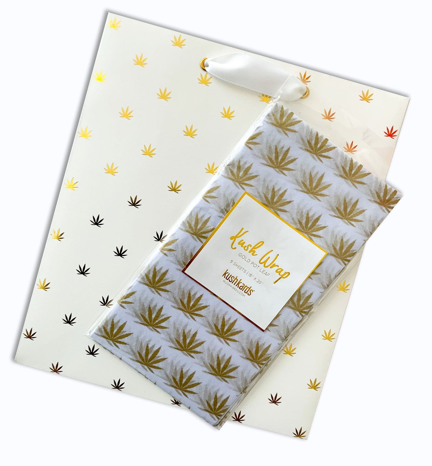 Pot Leaf Gift Bag W/Tissue Paper (White & Gold)